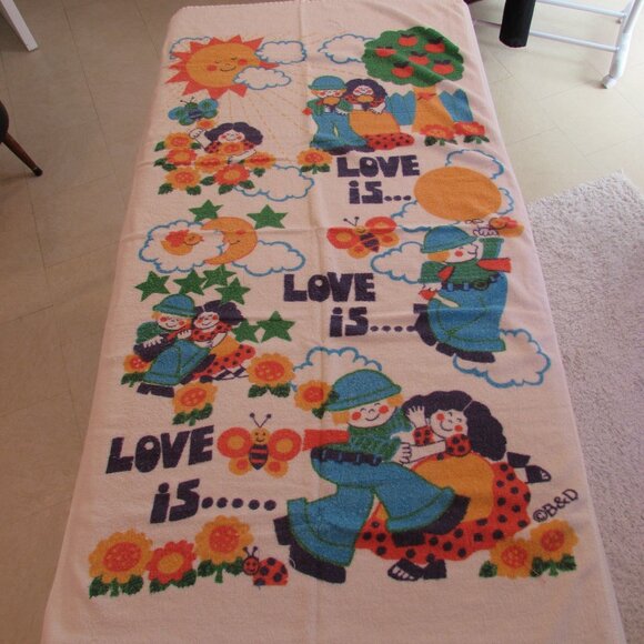 Vintage 1970s "Love is..." Beach Towel 54"x28" HAS WEAR - Picture 2 of 15
